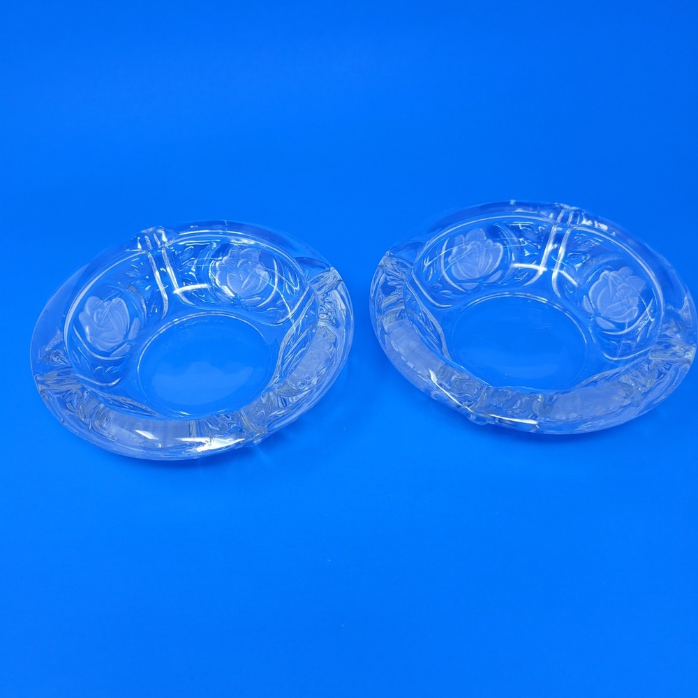 KIG Indonesia Clear Glass Ashtray Set of 2 Frosted Rose Floral‎ Design 6 Inch
